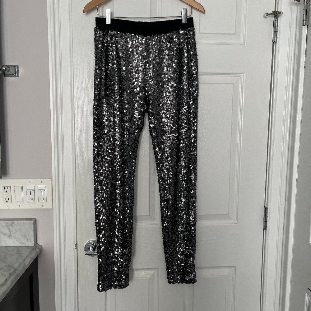 BB Dakota Silver Sequin Pants Glitter End Jogger Elastic Waistband Disco Party M